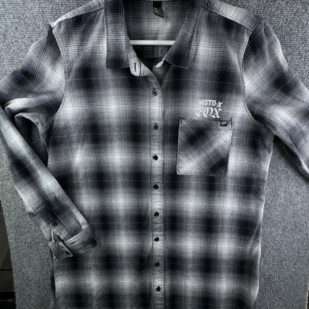 Fox Racing Button Up Shirt Women Black White Plaid Flannel Long Sleeve XL Ladies